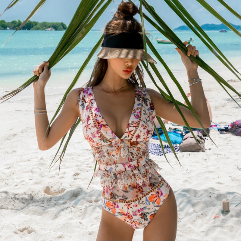 Купальник женский сплошной с пуш ап пляжная одежда большого размера принтом