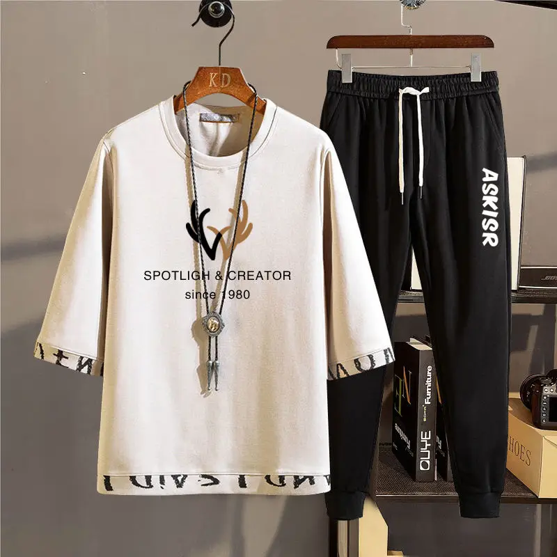 

Short Sleeve Suit Men 's 2021 Summer New Two - Piece Suit T- Shirt Sports Casual Handsome Student Uniform