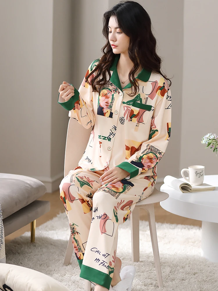 Plus Size 100% Cotton Irregular Printing Sleepwear Women Pajama Set Interesting Animal Pattern Home Wear Ladies Long Pant Suits