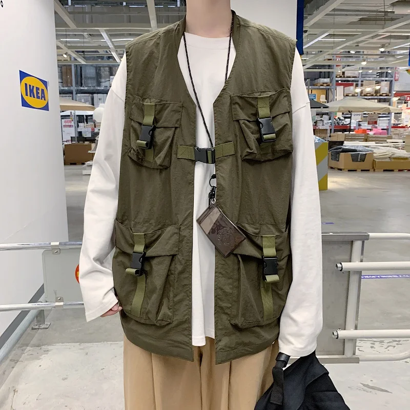

Mens Fashion Multi-Pocket Outdoors Tactical Coat Cargo Vest Hip Hop Men Sleeveless Jacket Coat Gilet Men's Vest Streetwear