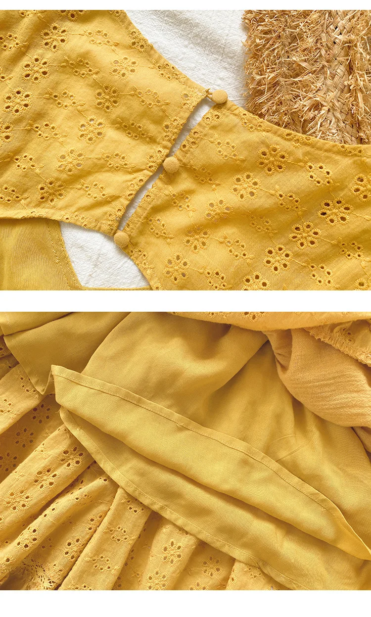 

Elegant Cotton Yellow Lace Dresses Women Vintage Party Backless V Neck Spring New Long Dress Boho Floral Embroidery Vestidos