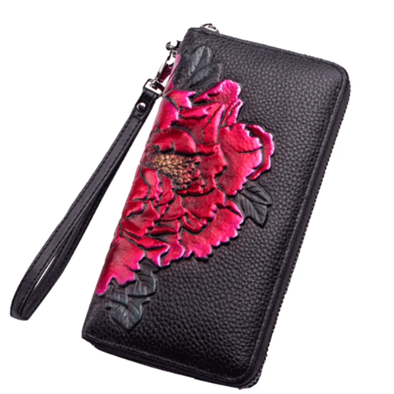 Винтажный женский кошелек из натуральной кожи с тиснением лотоса/оленя/павлина