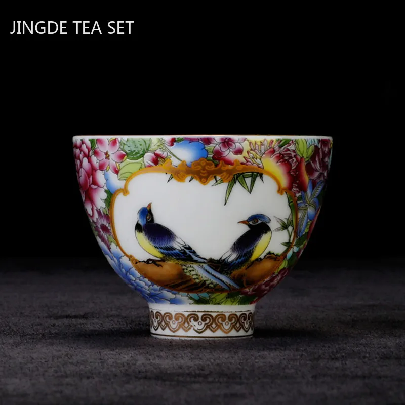 

Китайская эмалированная керамическая чайная чашка, дорожная кофейная чашка, Изысканная чайная чаша с цветочным и птичьим узором, домашний ...