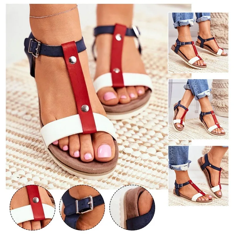 

Large Size Sandals Women 2021 T-straps Shoes Flat Sandals Women Summer Color Matching Woman Shoes Buckle Sandalias Mujer