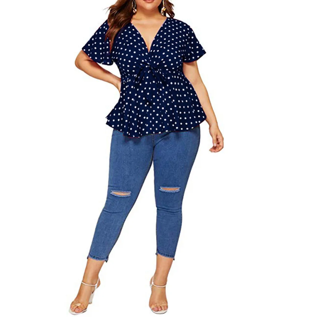

Womens Tops and Blouses Plus Size Shirt V Neck Short Sleeve Shirt Polka Dot Knot Top Front