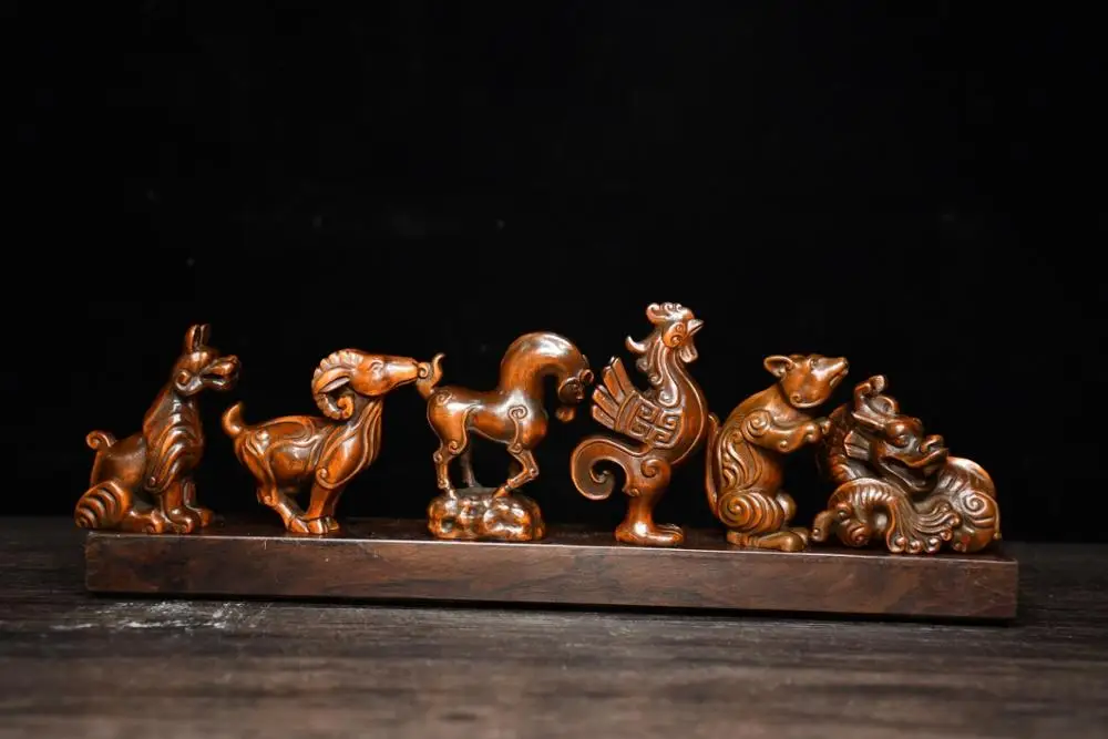 

3" China Lucky Seikos Boxwood Zodiac Statue Chinese Zodiac Set of Animal Statues Dragon, pig and dog