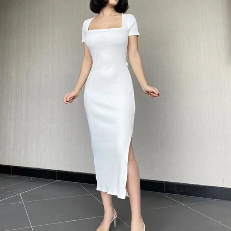 

Элегантное однотонное белое платье-карандаш с разрезом, женское платье в стиле High Street с поясом и U-образным вырезом, женские платья с коротки...