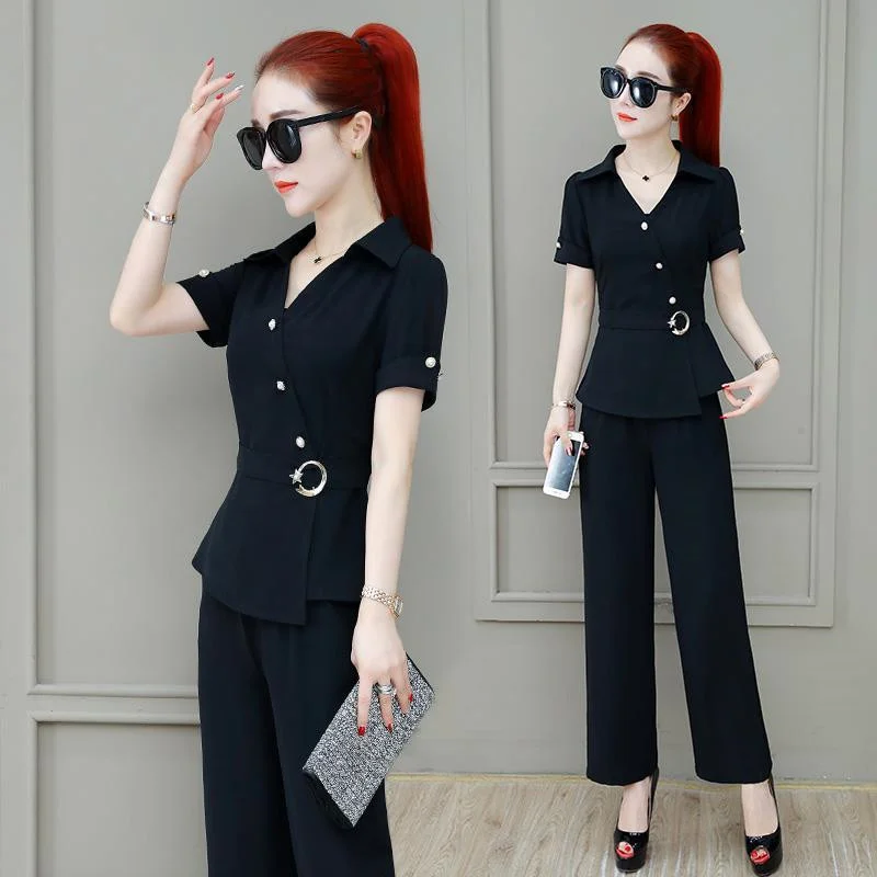 

Women Pants 2-Piece Set 2021 New Female Summer Set Plus Size 4XL Lady Slim Tops+ Long Pants Two-Piece Suit Short Sleeve Suit