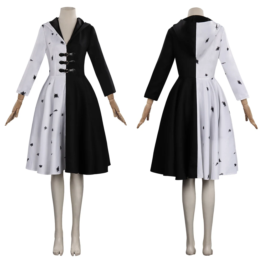 

2021 Cruella Cosplay Costume Cruella De Vil Black White Dress Outfits Halloween Carnival Suit