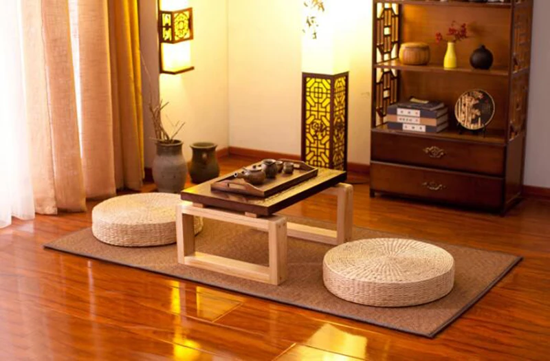 Hot 40cm*40cm Natural Straw Round Pouf Tatami Cushion Weave Handmade Pillow Floor Japanese Style Cushion with Silk Wadding