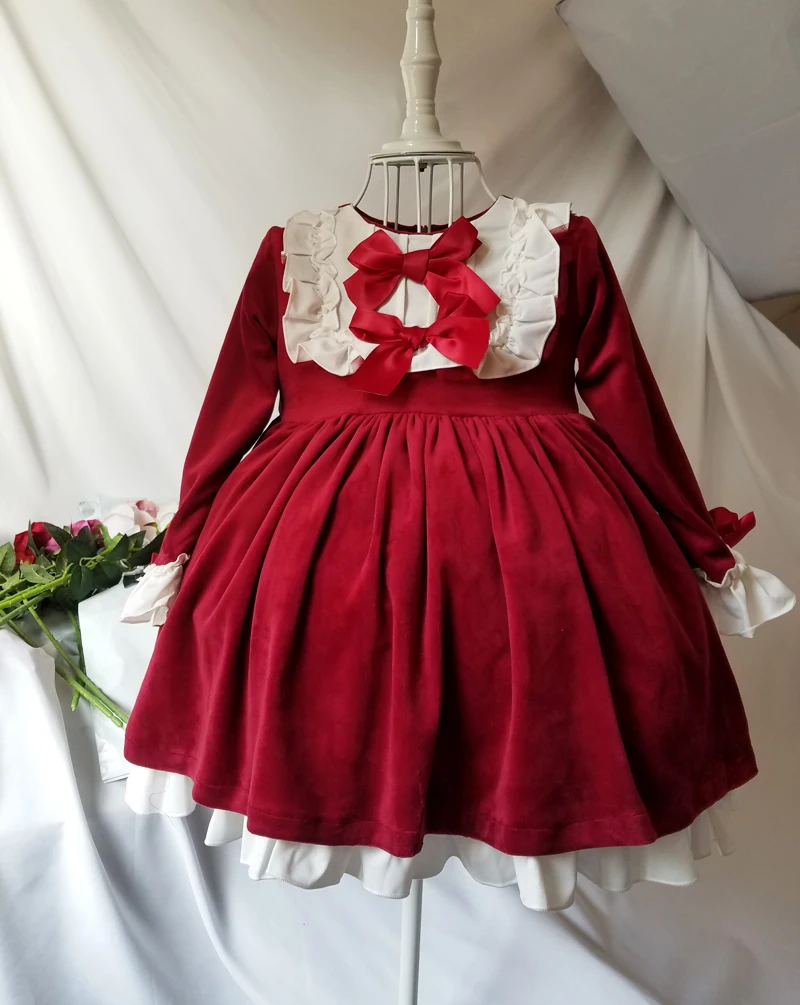Осенне-зимнее красное рождественское платье для маленьких девочек, Vestidos, винтажное платье принцессы с длинными рукавами для дня рождения, от 1 до 5 лет - Цвет: Красный
