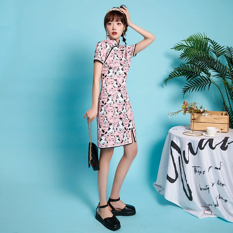 

Women Vintage Improved Chinese Style Cheongsam Spring Summer Elegant Short Sleeve Cute Cat Print Qipao Plus Size M-4XL