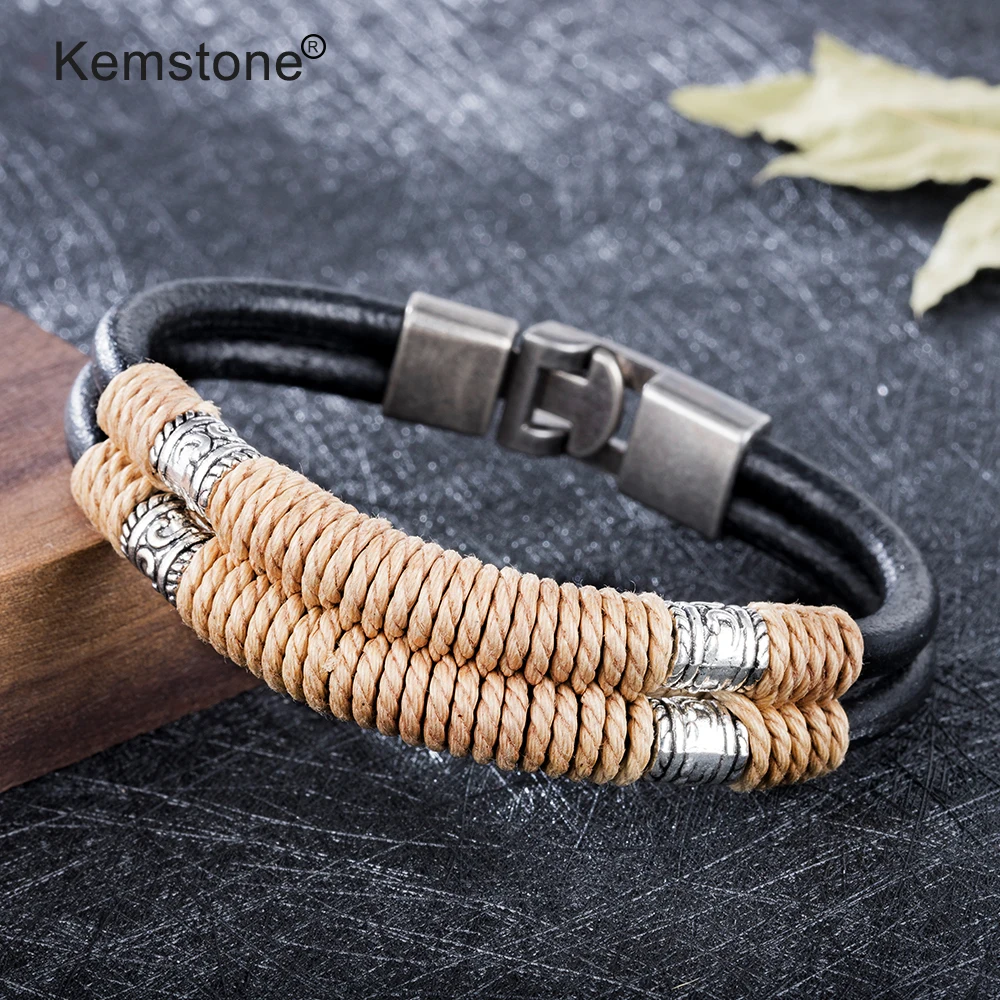 Kemstone двухслойный бежевый веревка обмотки черный кожаный браслет модные