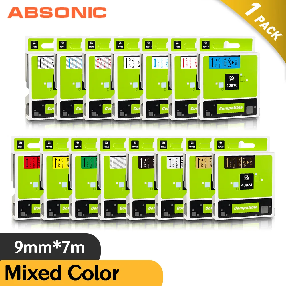 

Absonic 1PCS Compatible for Dymo D1 40910 40913 40918 9mm Printer Ribbon 40916 for Dymo LabelManager 160 280 210D Label Maker