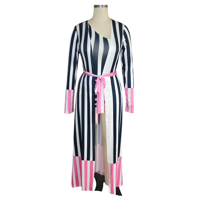Rainbow Striped Swimwear 2 Piece Set Summer Clothes for Women One Shoulder Bodysuit and Full Sleeve Sashes Candigan Beach Outfit |