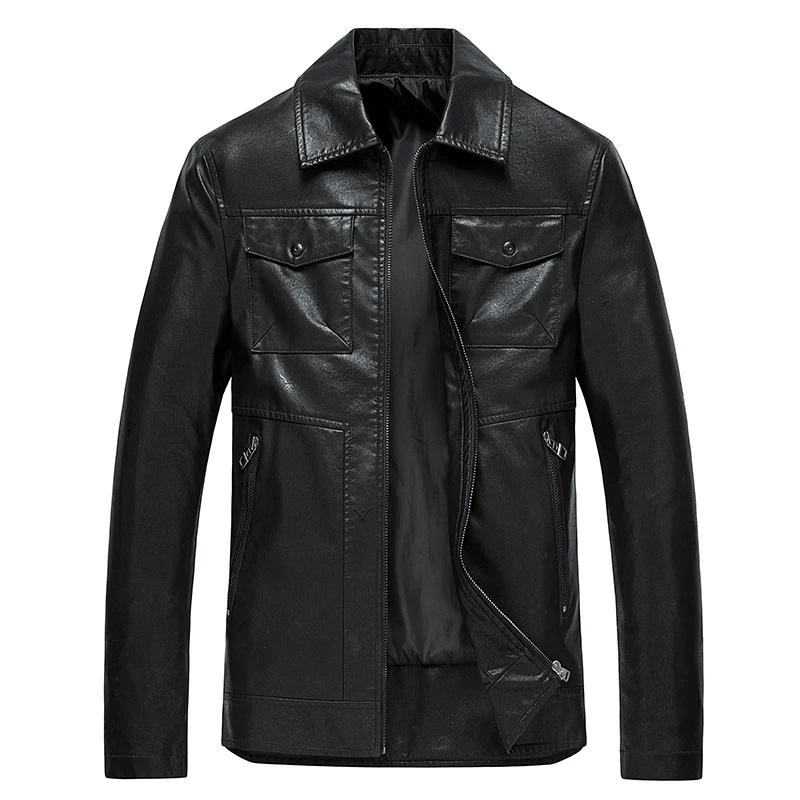 Мужская деловая Повседневная мотоциклетная кожаная куртка с карманами | Отзывы и видеообзор