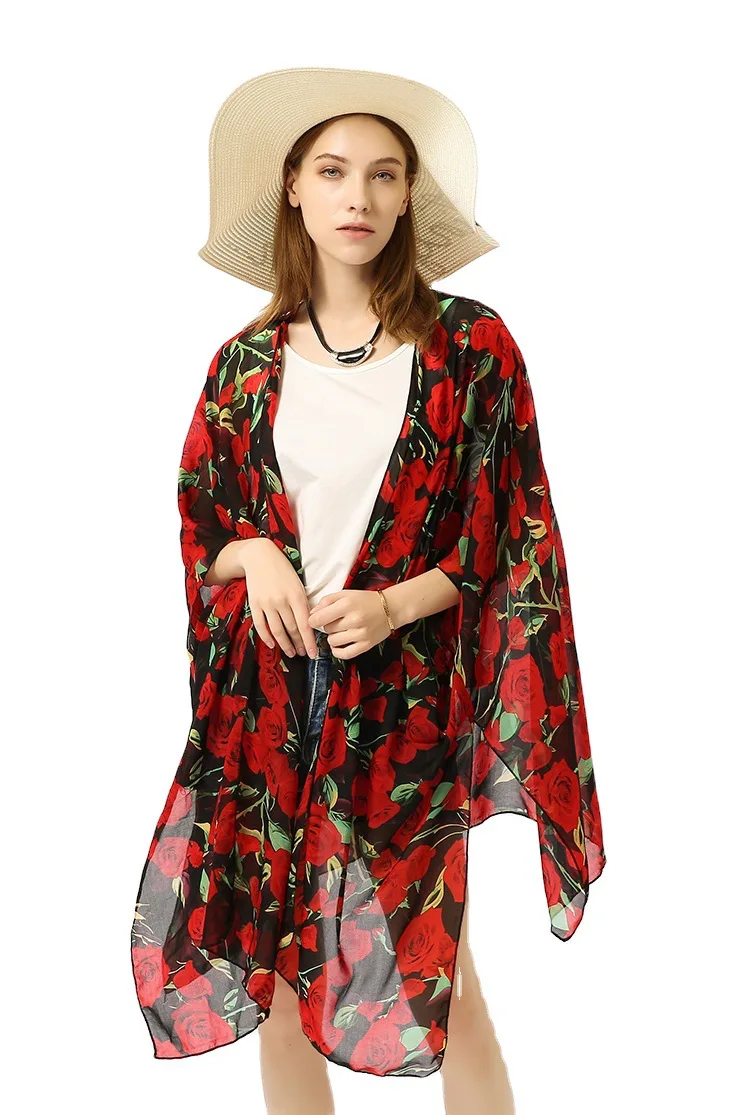 

womans tops Beach Style Chiffon Printing flowers sun-proof cloting
