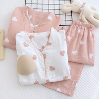fdfklak spring new pajamas double gauze cotton v neck cardigan lingere thin with chest pad love print sleeping suits female