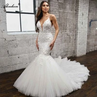 alonlivn sexy deep v neck spaghetti straps trumpet wedding dress beading pearls appliques lace backless mermaid bridal gowns