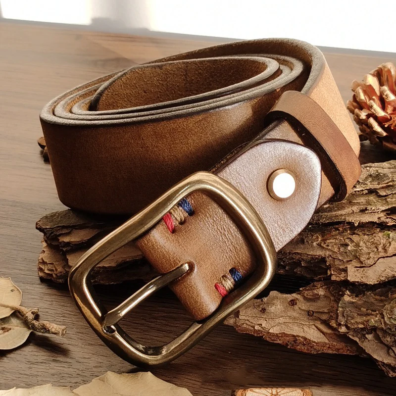 Top Cow genuine leather belts for men luxury designer brass buckle high quality fashion style vintage cowboy male belt