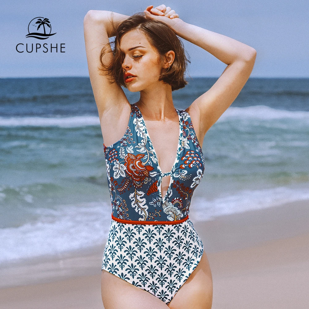 CUPSHE синий с принтом глубоким вырезом Цельный купальник женский сексуальный v