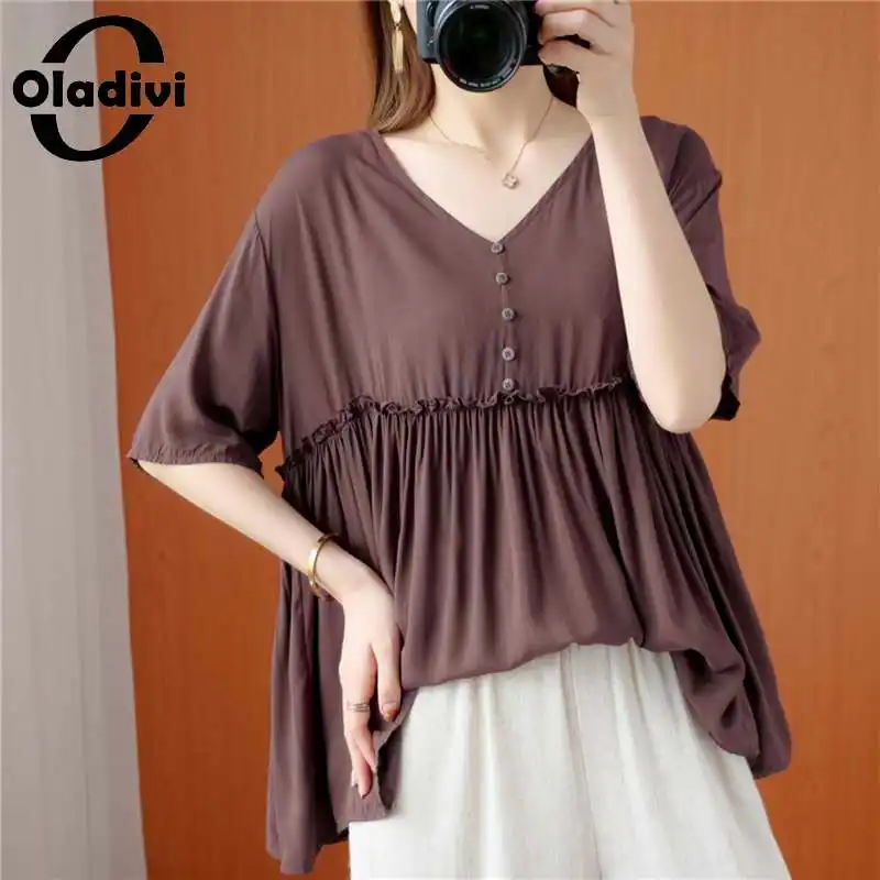 

Oladivi Plus Size Short Sleeve V Neck Solid Blouses Women Summer 2021 New Casual Loose Shirts Ladies Top Tees Tunic Blusas L-4XL