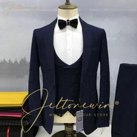 jeltonewin new designs navy blue polka dots printed mens suits 3 pieces groom tuxedos for wedding prom suits best man blazer