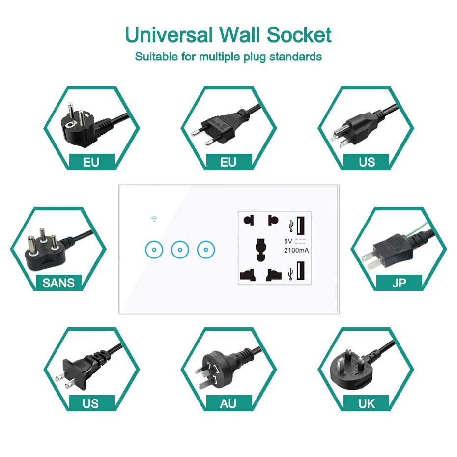 

EU/ US/UK/ AU WiFi Socket 5 Pin USB Universal Wall Socket 1/2/3 Gang Smart Touch Light Switch Work with Alexa Google Home