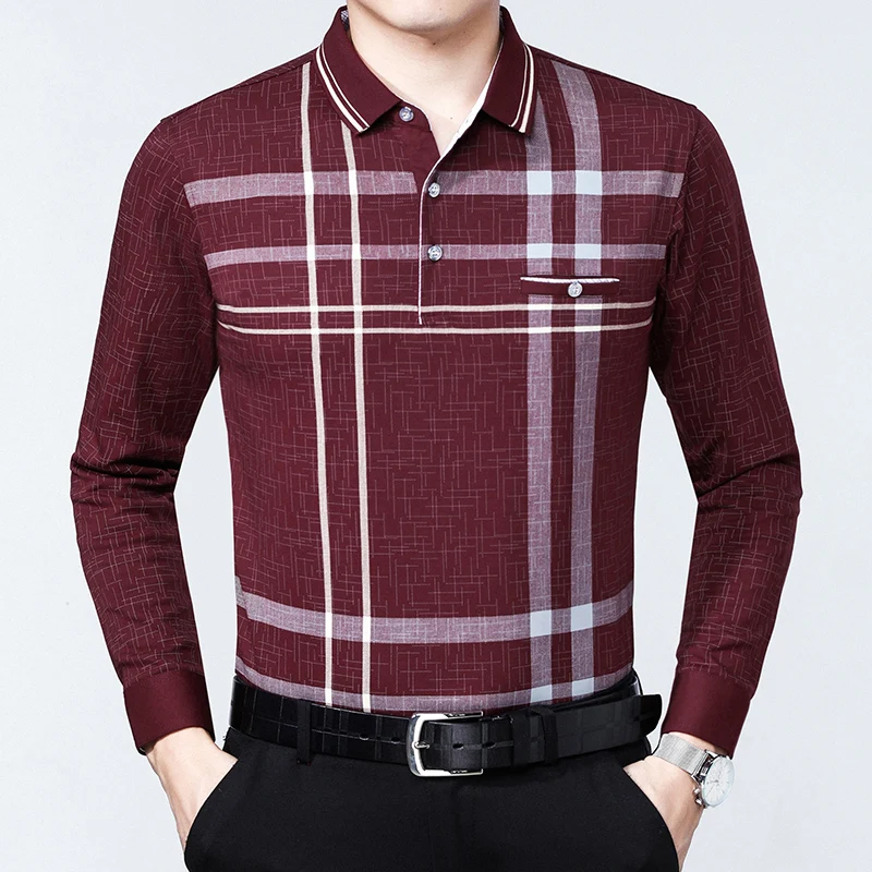 Рубашка-поло мужская с длинным рукавом деловая Повседневная в клетку B046 весна |