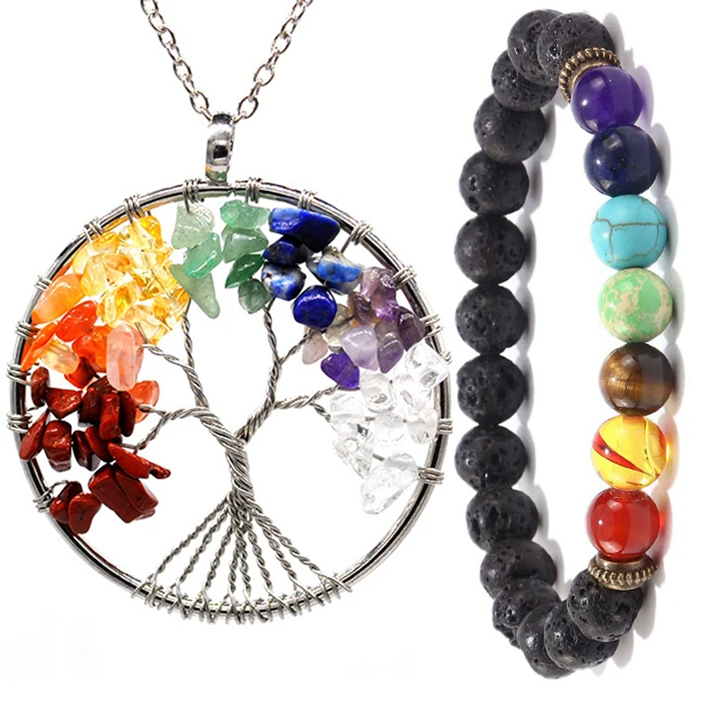 

7 Chakra Natural/Rainbow Stone tree of life Pendant Necklace bracelet for Women Men long chain statement suit Jewelry Gift