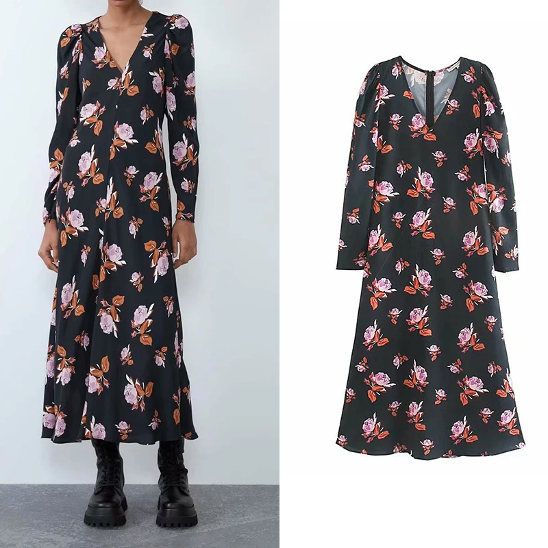 Женское винтажное платье с цветочным принтом Za элегантное свободное удобное V