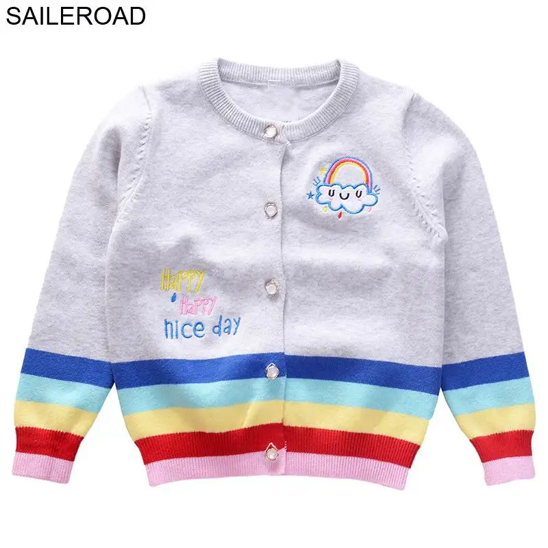 SAILEROAD 2-7лет Радуга Вышивка вязаный свитер для девочки Осенний кардиган для мальчиков Теплые свитера для девочек Детская одежда - Цвет: W19301 grey