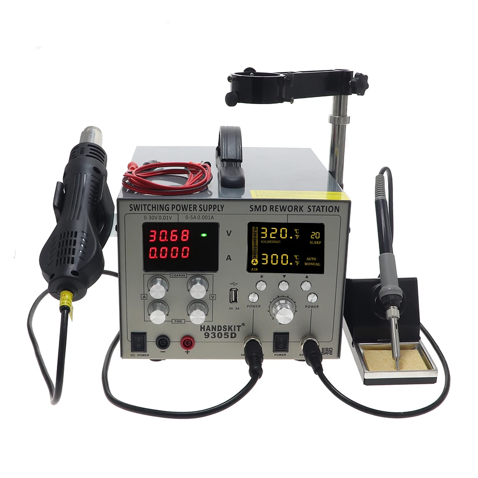 HANDSKIT 9305D SMD паяльная станция фена и паяльник для подключения к DC Питание для детей, на возраст от 0 до 30V 0-5A USB 5V 2A 4-в-1 паяльная станция