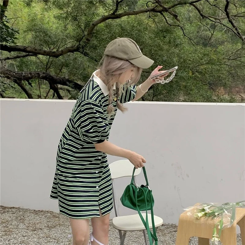 

QWEEK Causal Women's T-shirt Dress Striped Puff Sleeve Mini Short Dresses 2021 Turn-down Collar Korean Style Chic Trendy Robes
