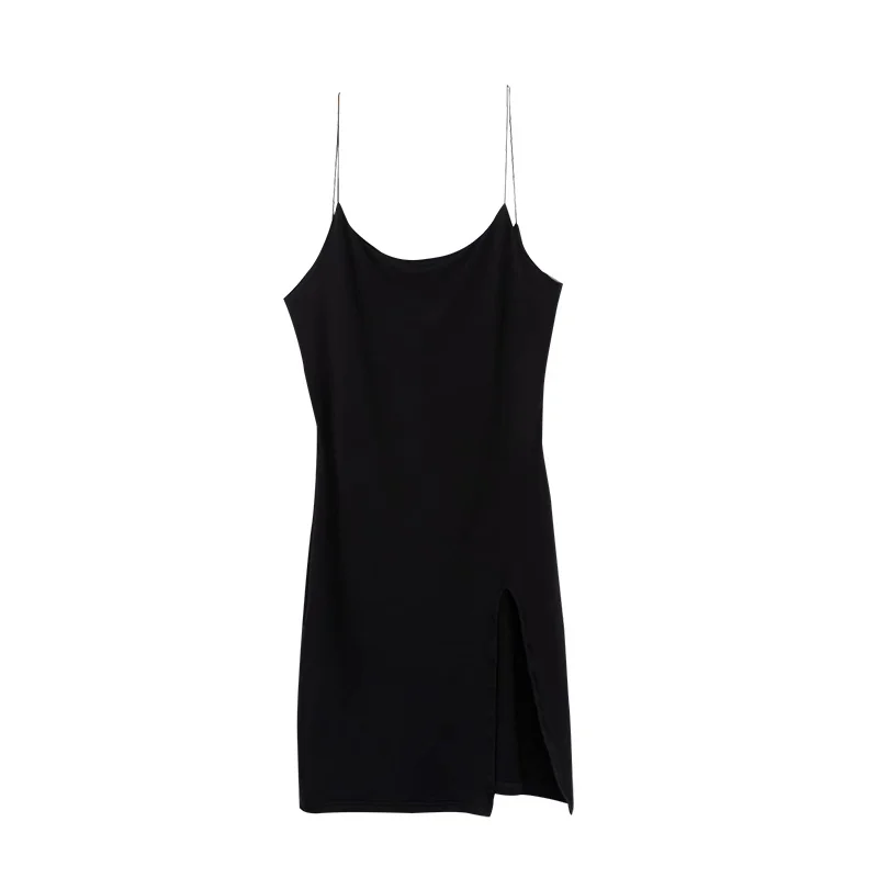 

Kywommnz Black Sexy Split Halter Strap Dress Women Thin Shoulder Straps Stretch Thinner Bottom Bag Hip Dress Summer 2021 E2285