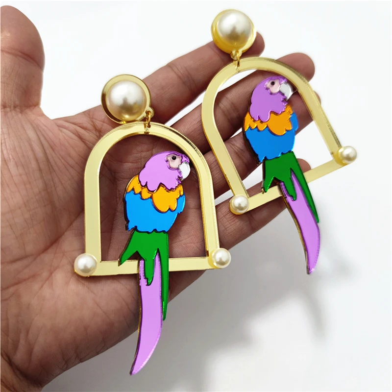 Длинные серьги KUGUYS "Длинный попугай" для женщин, красные и фиолетовые, большие подвески с зеркальным акрилом, имитацией жемчуга, эксцентричные модные украшения в виде птицы.
