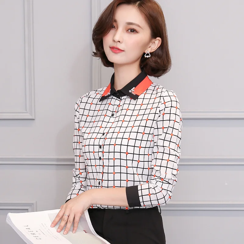 

Polo Shirt Chiffon Slim Women's Blouses New Casual Blouse Fashion Lattice Buttons Long Sleeve Top Spring/autumn Houthion