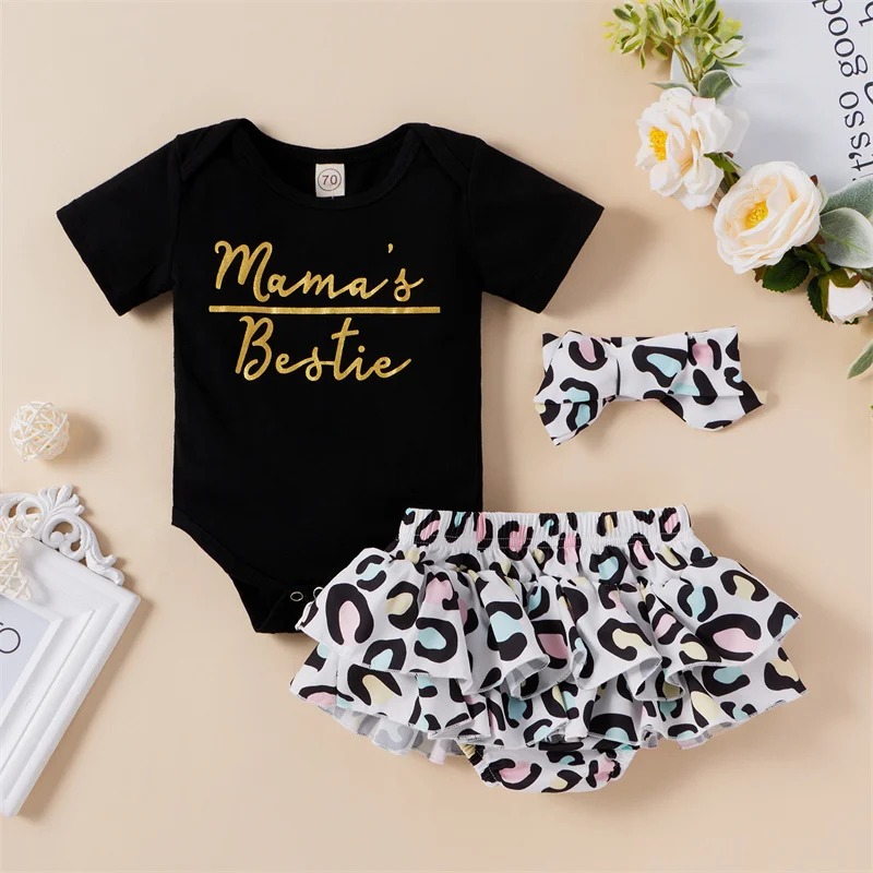 

Newborn Infants Baby Girls Fashion 3Pcs Clothes Sets Letter Print Short Sleeve Romper+Leopard Shorts+Headband Sets For 1-2 Years