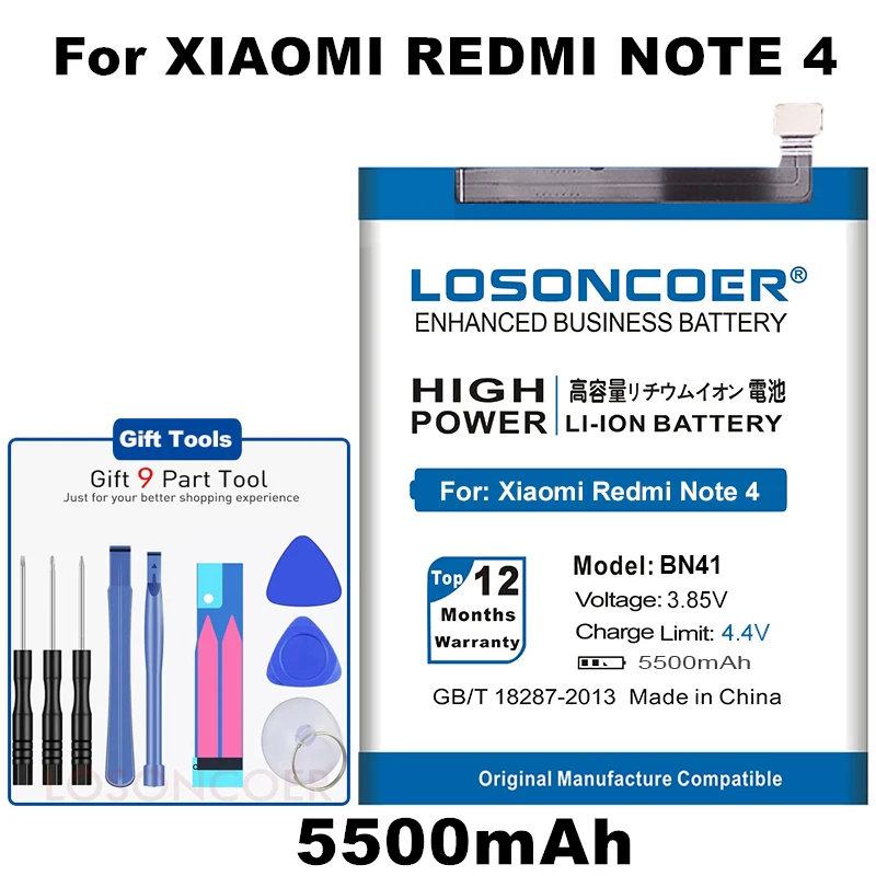 LOSONCOER 5500mAh BN41 BN41L BN41H батареи для Xiaomi Redmi Note 4 Аккумулятор MTK Helio X20 \ Note 4X Note 4 Pro 4G+ 64G