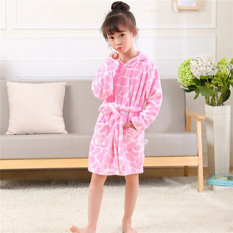 

3-7 year spring new children clothing home service Boy Girls baby bathrobe cartoon flannel hooded children's clothes nightgown