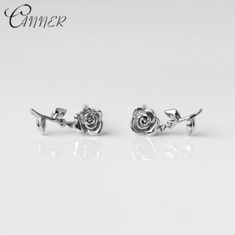

CANNER 2019 Fashion Women Cute Flower Stud Earrings Lovely Rose Floral Korean Earring 925 Sterling Silver Earring Christmas Gift