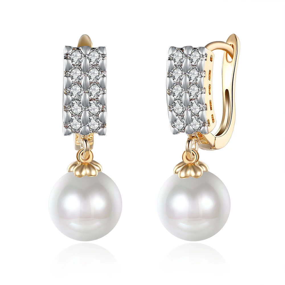 

ZEMIOR Imitation Pearls Drop Earrings For Women Double Row Cubic Zirconia Earring Anniversary Champagne Gold Fashion Jewelry