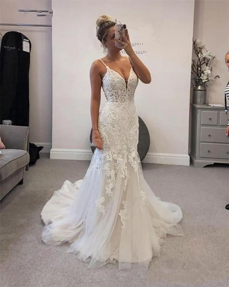 Custom Made 2021 New Design Wedding Dress Mermaid Open Back Tulle Lace Beading Sexy Bridal Gowns EY44 | Свадьбы и торжества