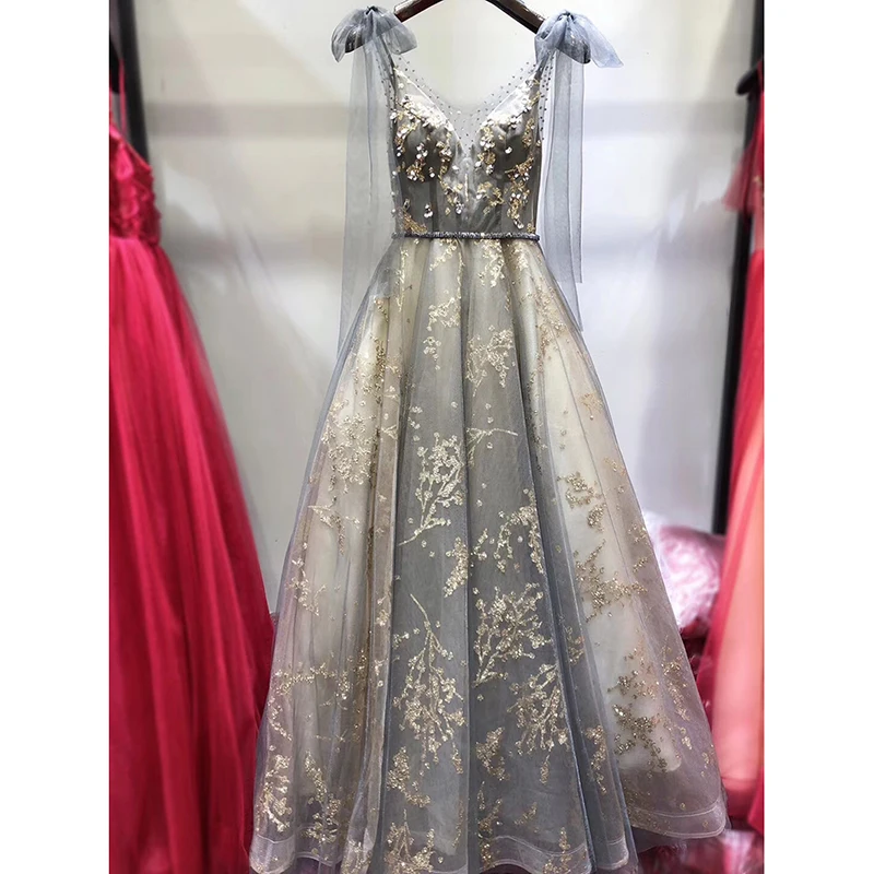 

Formal Dresses Long V-neck Tulle Applique Sleeveless Party Drwsses A-line Vestidos De Graduacion Gowns