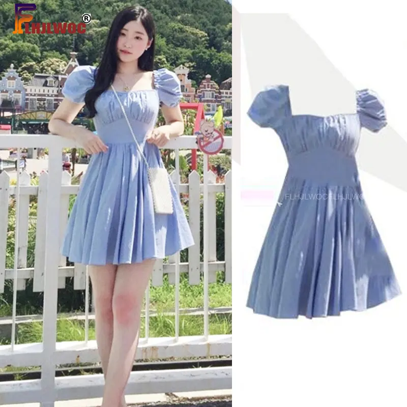 Мини-платье женское ТРАПЕЦИЕВИДНОЕ с завышенной талией маленькое голубое