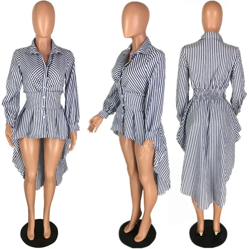 

Sexy Stripe Printed Shirt Irregular Hem Dresses Lovely Night Party Club for Women 2021 Spring New Clothes Knee Length Dress