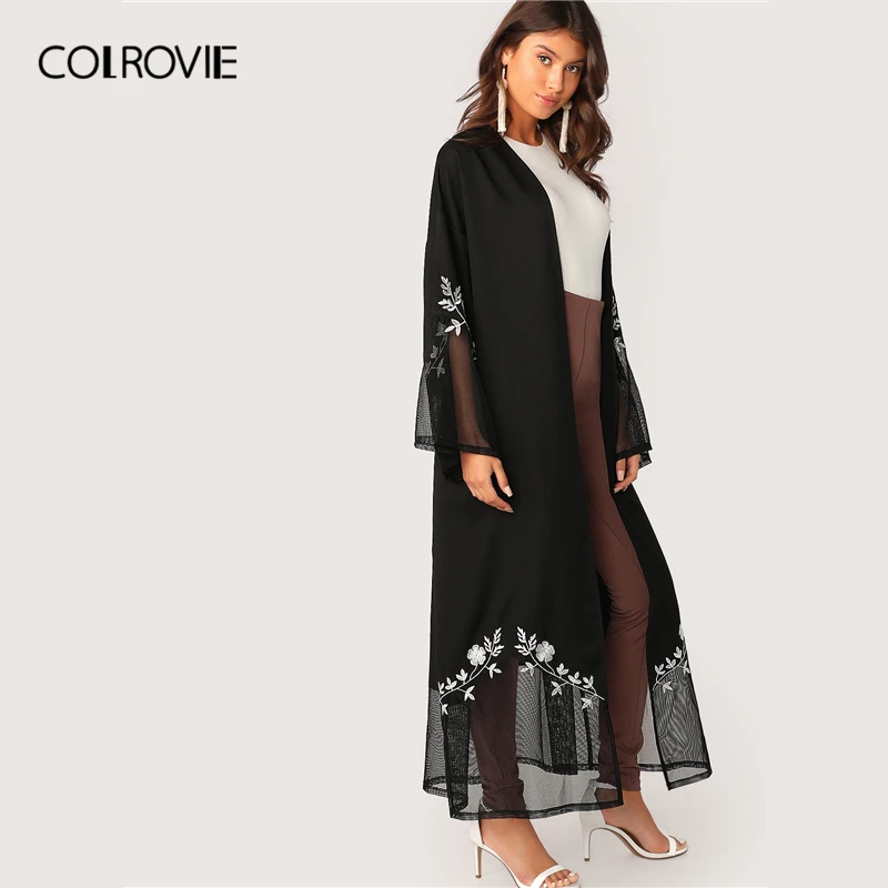 COLROVIE/черное открытое переднее Сетчатое цветочное кимоно с вышивкой, женские повседневные удлиненные Топы, осенняя женская верхняя одежда с поясом
