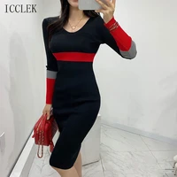 2021 autumn winter new korean one piece contrast stitching knitted sweater dress v neck bag hip knitted dress midi dress female
