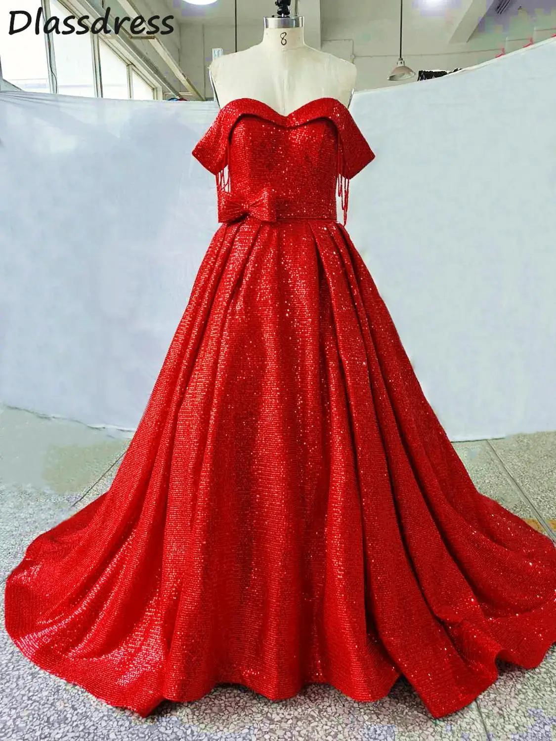 

Bright Red Prom Dress A-line Sequin Sweep Train Lace-up Back Off Shoulder Sweetheart Neck Evening Dresses платья знаменитостей