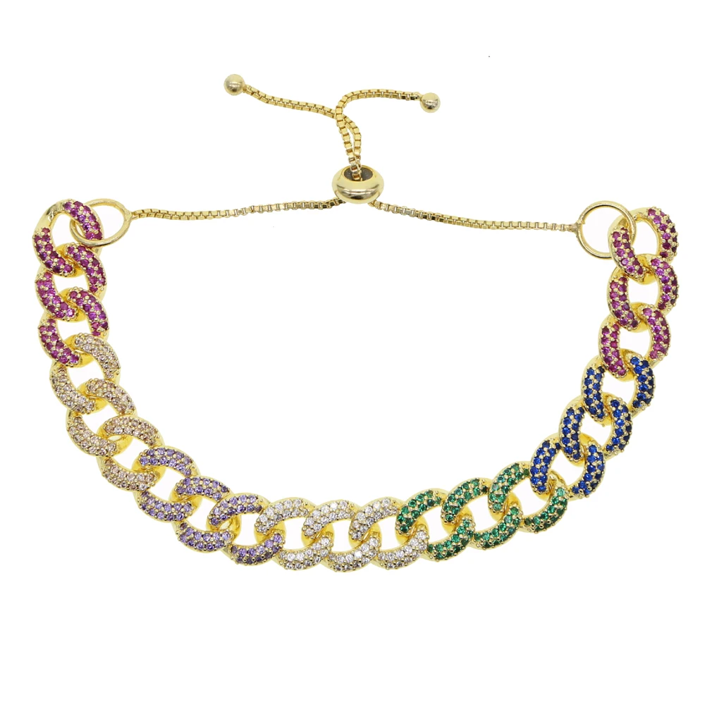gold bracelet Настраиваемый размер, радужные цветные кубические циркониевые фианиты, циркониевые фианиты, кубинские звенья цепи, колье, ожерелье, золото, розовое золото, рок, хип-хоп воротник, цепочка - Окраска металла: gold bracelet